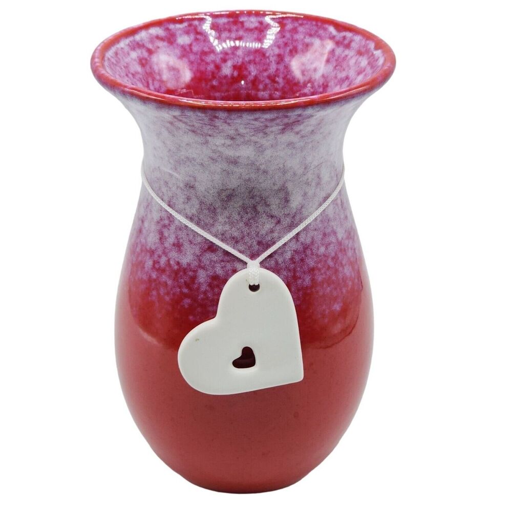 Teleflora Gift Ceramic Vase With‎ Heart Charm Red White And Lavender 8.3x5.3in